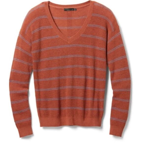 Prana V Neck Orange Striped Waffle Knit - Picture 1 of 10